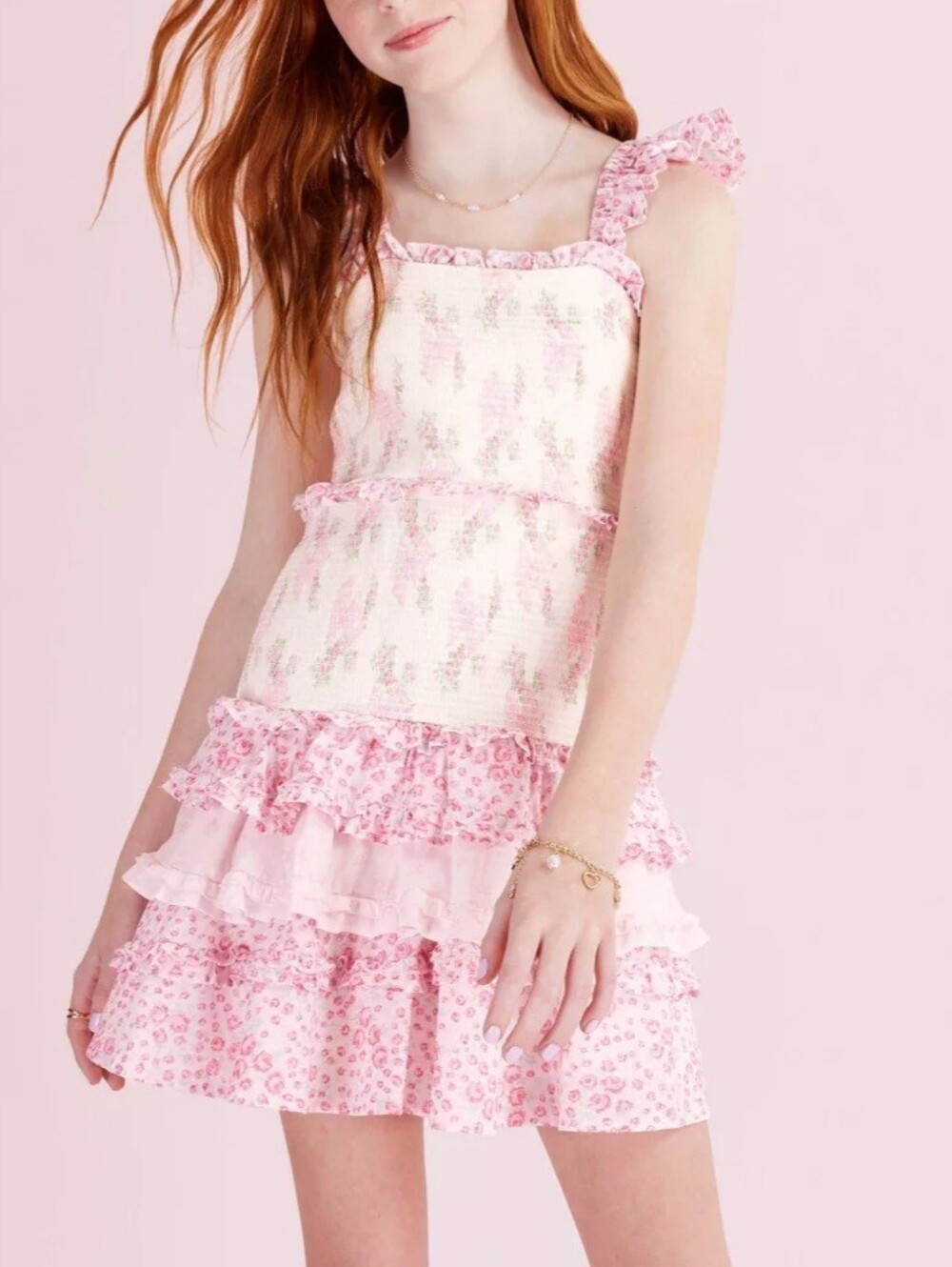 NWT Girls' Evie Blooming Bows Smocked Tiered Ruffle Dress - LoveShackFancy Rose